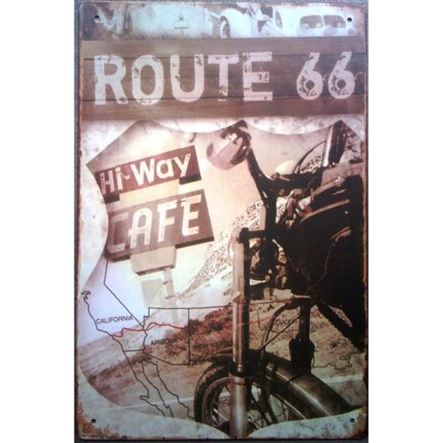 plaque route 66 hi way café moto tole publicitaire deco bar