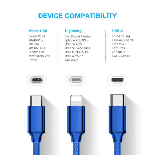 Câble téléphone,3 en 1 Câble USB Pour iPhone 6 7 8 Plu X XR Samsung S7  Xiaomi Multi Charge Rapide Chargeur Micro - Type Bleu-1.2M
