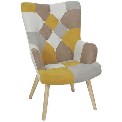 Non Communiqué Jaune The Home Deco Factory - Fauteuil En Tissu Patchwork Pieds En Bois Brut Alta