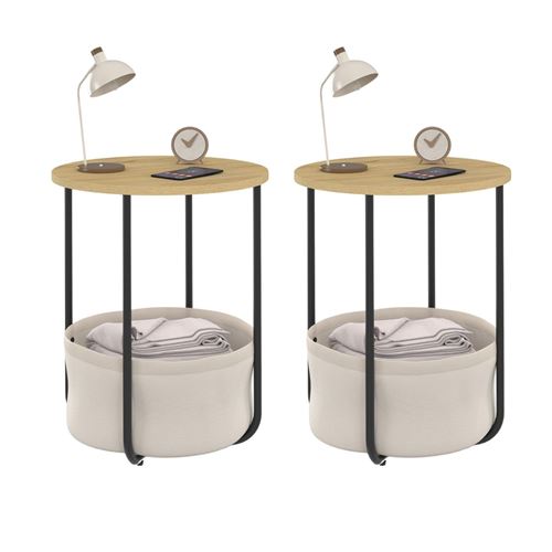 Lot de 2 tables de chevet, d'appoint, bout de canapé rondes avec panier en tissu