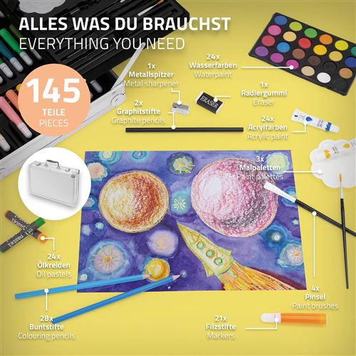 ECD Germany Kit de Peinture de 145 Pièces, Mallette en Aluminium