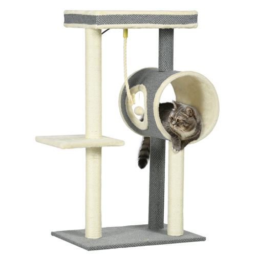 Comparer les prix de Arbre à chat style cosy chic griffoirs sisal naturel plateformes tunnel jeux boule et corde peluche courte aspect lin tressé gris