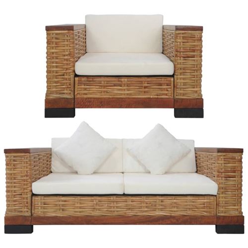 Non Communiqué Beige Ensemble De Canapés 2 Pcs Avec Coussins Marron Rotin Naturel