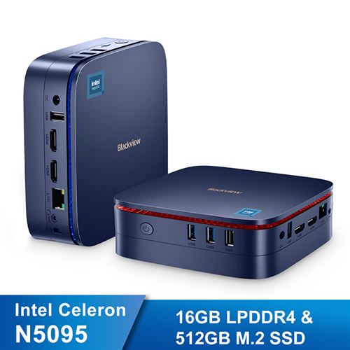 Mini PC Blackview MP60 Intel N5095 2.9 GHz Windows 11 Pro 16 Go LPDDR4/512 Go SSD Wi-Fi 2.4G+5G - Bleu