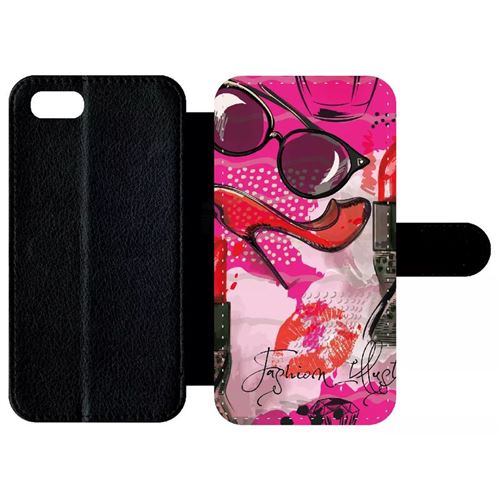 Etui My-Kase pour iPhone Se 2020 - motif girly fond rose - Simili-cuir Noir