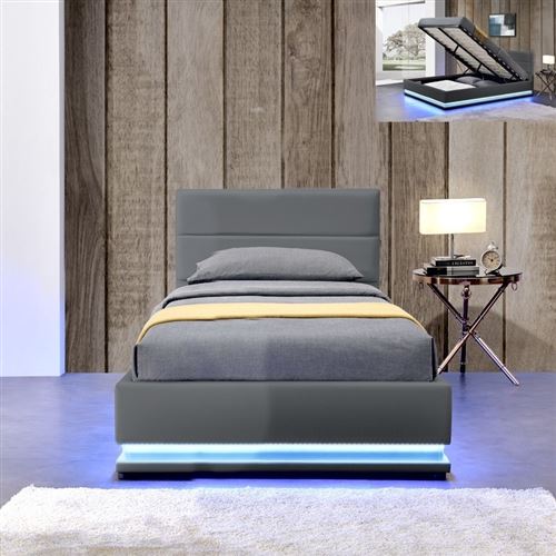 Lit led avec coffre de rangement AVA - 90x190 - Gris