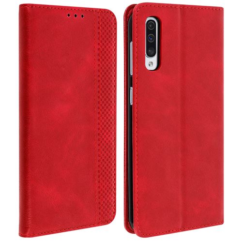 Avizar Housse Samsung Galaxy A50 Etui Coque Effet Vieilli Porte-cartes Support - Rouge
