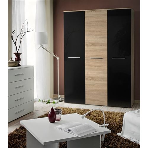 Paris Prix - Armoire 3 Portes big 190cm Noir & Porte Chêne