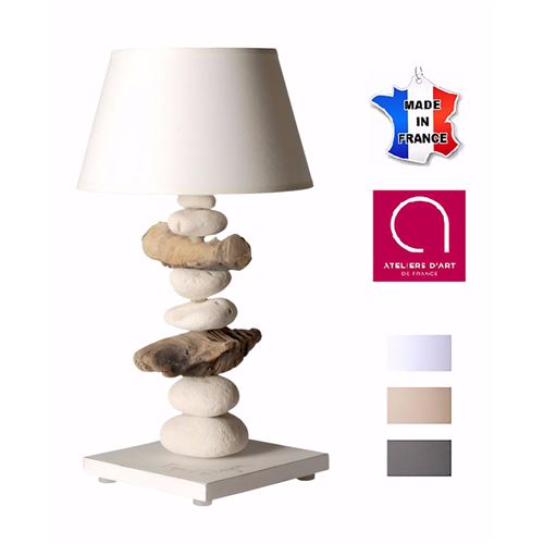 Lampe de chevet bord de mer en bois et galets - Personnalisable - Fabriqué à la main en France 40 cm - Blanc avec personnalisation - 20