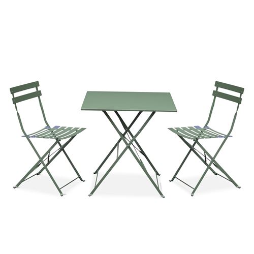 Sweeek Salon de jardin bistrot pliable - Emilia carré vert de gris - Table 70x70cm avec deux chaises pliantes acier thermolaqué