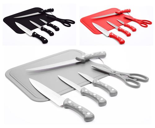 Planche A Decouper + 4 Couteaux + Ciseaux Acier Inoxydable Cuisine