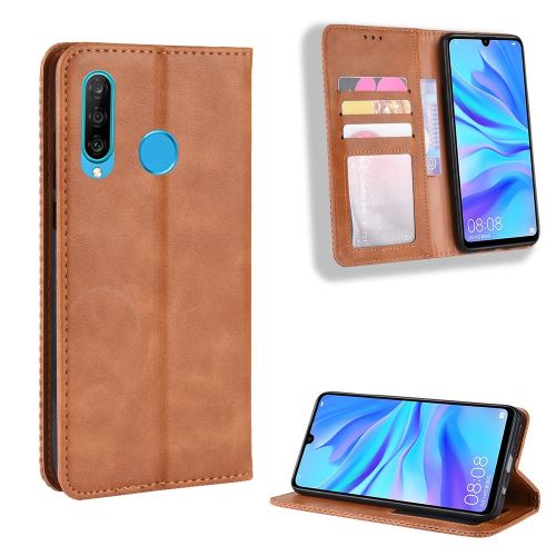 Etui en PU support auto-absorbé de style vintage marron pour votre Samsung Galaxy M30