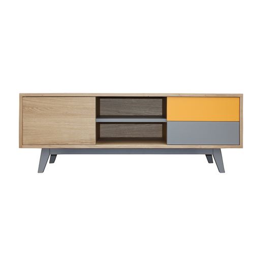 Pirotais Buffet TV chêne massif et laqué, 1 porte 2 tiroirs 1 niche, Made in France Jaune