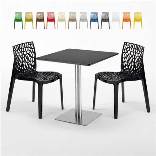 Table carrée noire 70x70 avec 2 chaises colorées Gruvyer Rum Raisin, Couleur: Noir