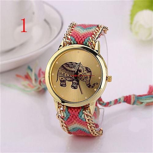 Montre Femme Genève tressé-bricolage éléphant main nationale Rose