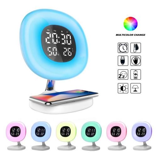 Lampe de Chevet Portable,chargeur sans fil USB FM Radio Réveil Lumière LED,avec luminosité réglable et mode de changement de couleur