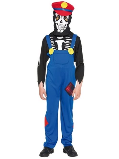 Deguisement plombier squelette mario 10-12 ans (salopette + haut + cagoule + casquette) - costume enfant - garcon