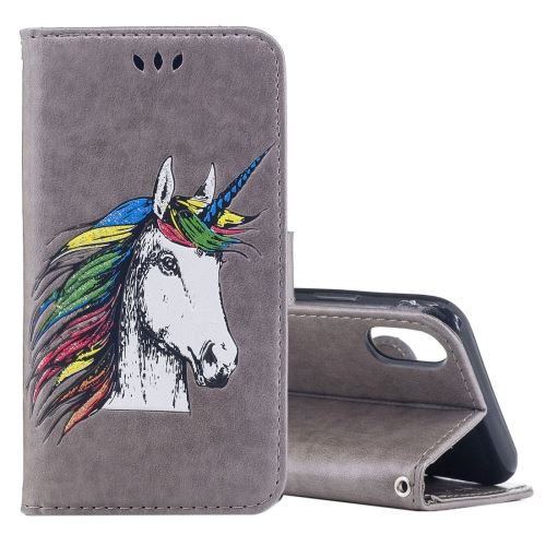 iPhone X Housse Etui Cuir PU licorne Gris ALS54132