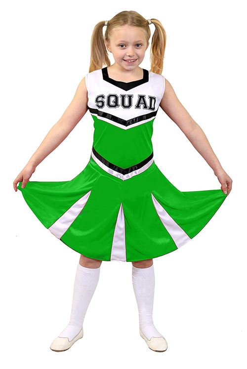 Déguisement vert pour enfant de cheerleader avec le haut et la jupe en 1 pièce. Idéal pour les fêtes de fin d'école. ( Small )
