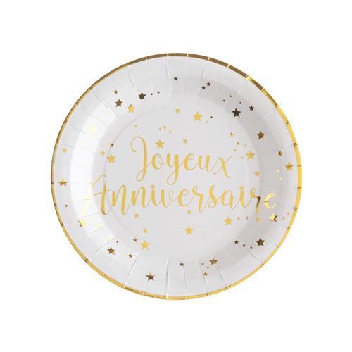 10 assiettes carton anniversaire 23cm blanc or - Coloris : Blanc000567000000001