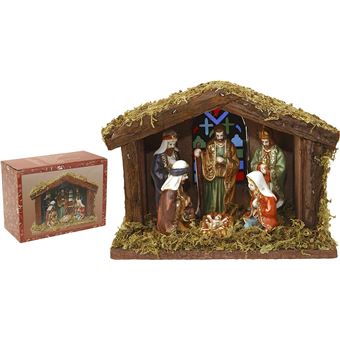 Crèche De Noël En Bois 6 Personnages + étable - 20x15 Cm, Avec éclairage LED, Piles Non Fournies