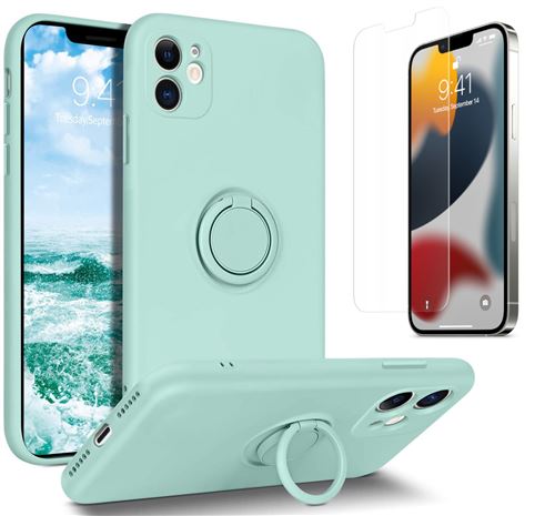 Coque Silicone Pour iPhone 11 Couleur Vert Avec Anneau Support + Verre Trempe Protection Ecran Little Boutik®