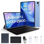 Tablette 10,1 pouces Android 13, 4G LTE+ 5G WiFi 12GB RAM+256GB ROM/SD 1To 7000mAh Dual Caméra 8MP+13MP Tablette avec clavier et étui-Blue