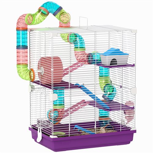 Comparer les prix de Cage pour hamster souris rongeur 4 étages avec tunnels mangeoire roue maison échelles dim. 46L x 30l x 58H cm violet