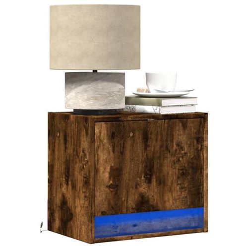 Non Communiqué Marron Vidaxl Tables De Chevet Murales Avec Lumières Led 2 Pcs Chêne Fumé, Table De Chevet Flottante, Support De Téléphone, Table 852084