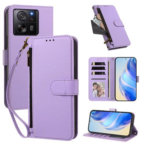 Étui portefeuille FLOODKING Xiaomi 13T/13T Pro Cuir PU Zippee Multi Cartes Bandouliere Antichoc Violet clair