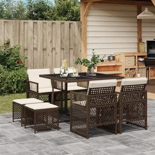 Non Communiqué Marron Vidaxl Ensemble À Manger De Jardin Et Coussins 9 Pcs Poly Rotin, Ensemble À Manger D'extérieur, Meuble À Manger De 3210777