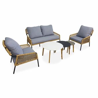 sweeek | Salon de jardin bas 4 places KOMODO – Ensemble canapé 2 places et 2 fauteuils avec 3 tables gigognes résine tressée effet rotin coussins gris clair chiné - 1