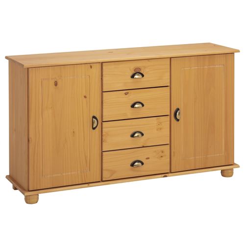 Buffet COLMAR en pin massif, 4 tiroirs et 2 portes, finition teintée et cirée