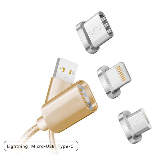 Câble Charge & Synchronisation Adhésion Magnétique + 3 Connecteurs - Micro-usb, Lightning & Type-c Or