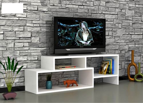 HOMEMANIA Meuble TV Clover Moderne - avec Étagères - pour Salon - Blanc en Bois, 121,8 x 30 x 53,8 cm