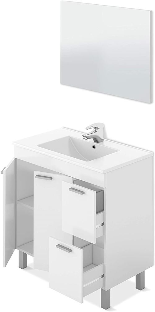Meuble salle de bain Sous-Vasque + 1 Miroir, coloris blanc brillant - Longueur 80 x Hauteur 80 x Profondeur 45 cm