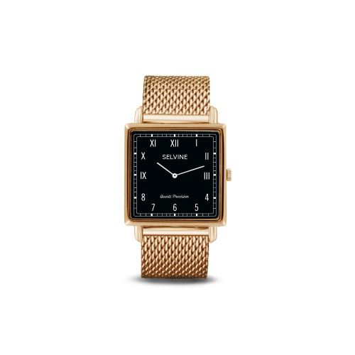 Montre Femme Selvine Cadran 28 mm En Alliage Noir Et Bracelet Doré En Maille Milanaise SOLY5