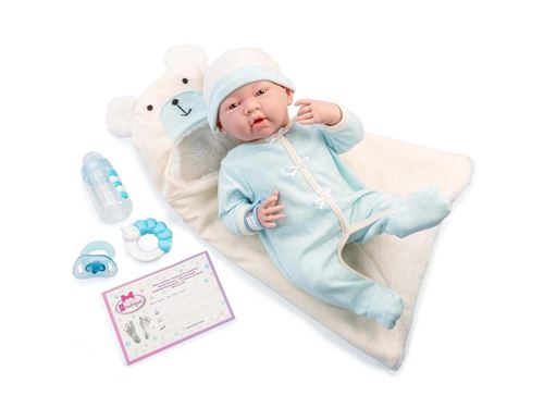 Berenguer - Blue Soft Body La Newborn dans Bear Bunting et accessoires. Corps souple nouveau-né. Costume bleu avec couverture. -