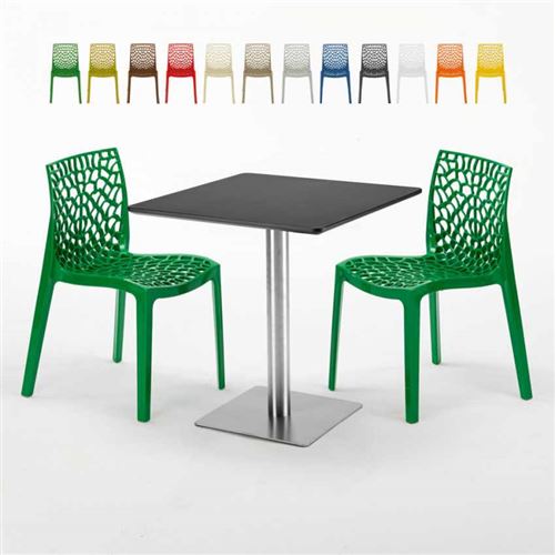 Table carrée noire 70x70 avec 2 chaises colorées Gruvyer Rum Raisin, Couleur: Vert