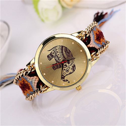 Montre Femme Genève tressé-bricolage éléphant main nationale Brun