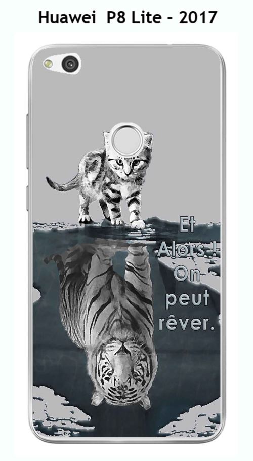 Coque TPU gel souple Huawei P8 Lite - 2017 design Chat Tigre Blanc fond gris Et Alors !