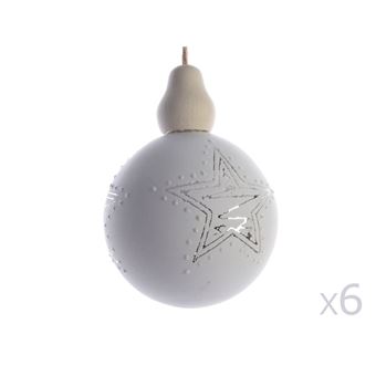 Set De 6 Boules De Noël En Verre Et Bois Motif étoile Pois D