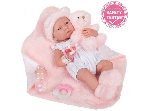 Berenguer - All-Vinyl La Newborn Doll in White Onesie/Pink Bear Theme. REAL GIRL!