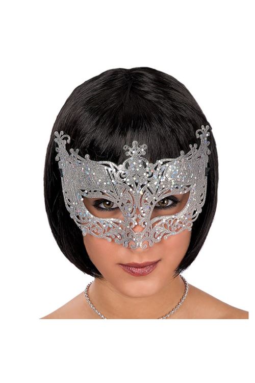 Loup venitien a effet dentelle paillete argent