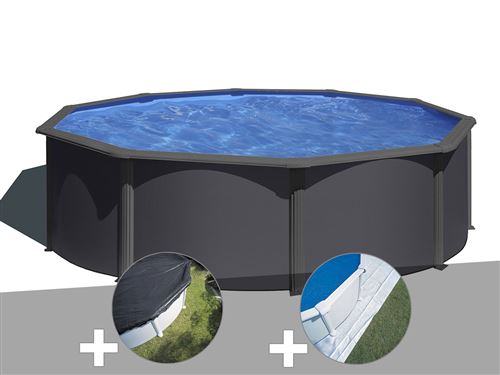 Kit piscine acier gris anthracite Gré Louko ronde 3,70 x 1,22 m + Bâche d'hivernage + Tapis de sol