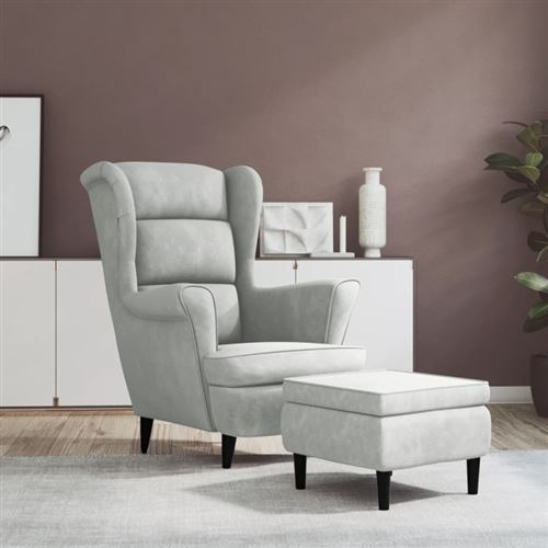 Non Communiqué Gris Clair Fauteuil À Oreilles Avec Tabouret Velours