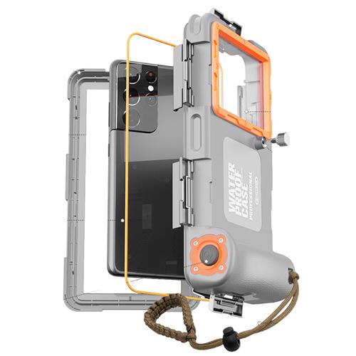 Coque de plongée professionnelle FLOODKING iPhone 13/14 Pro – Étanche 15m/1h,écran tactile HD joint anti-fuite, Gris Orange