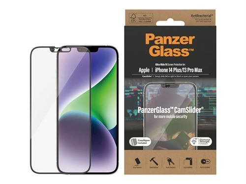 PanzerGlass CamSlider - Protection d écran pour téléphone portable - facile à utiliser - verre - couleur de cadre noir - pour Apple iPhone 13 Pro Max, 14 Plus