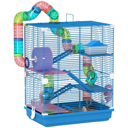 Meilleurs prix pour Cage pour hamster souris rongeur 4 étages avec tunnels mangeoire roue maison échelles dim. 46L x 30l x 58H cm bleu