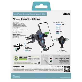 Support Voiture sans fil Gravity avec recharge sans fil 10 W- SBS